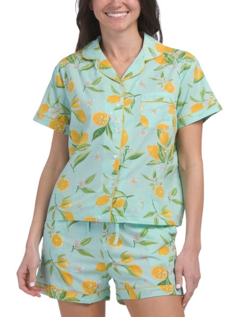 CRAFTED BY MAHOGANY Lemon Pajama Set 100% Cotton PJs Short Sleeve & Shorts SMALL